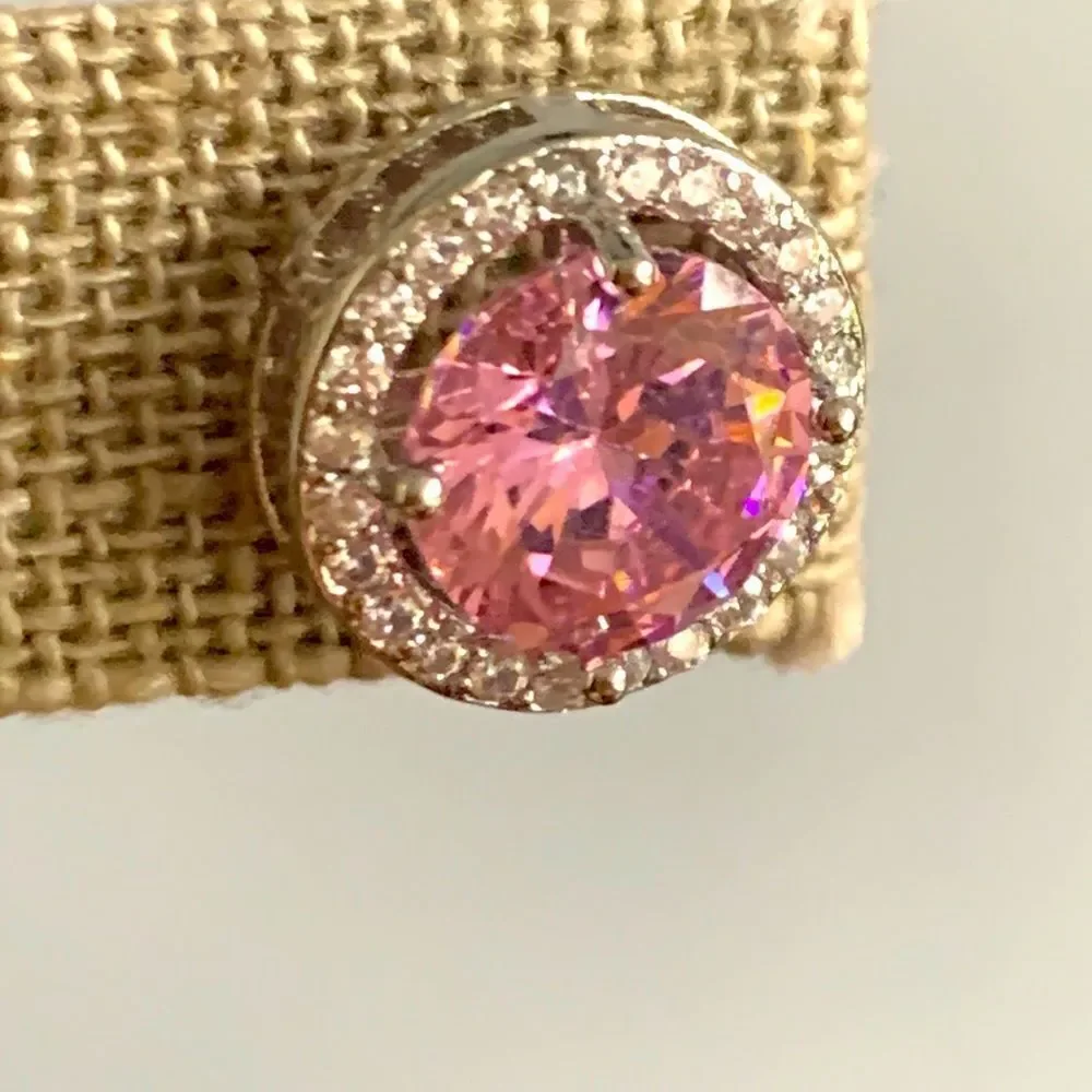Big Bold Pink Power Crystal Round Studs with CZ Halo, Luxury Designer Style Gift